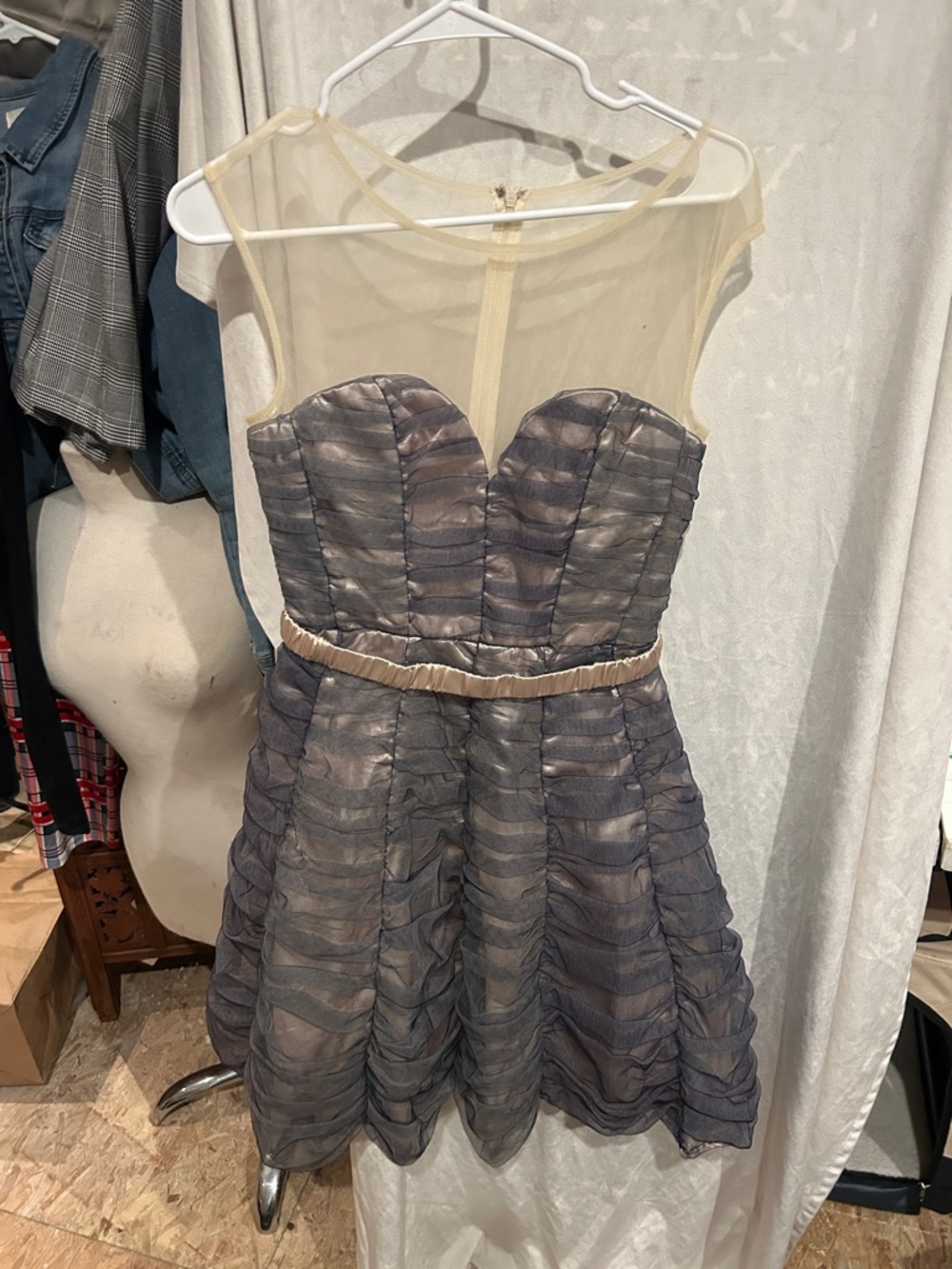 Lulu's Gray Ruched Fit-and-Flare Mini Dress with Illusion Yoke